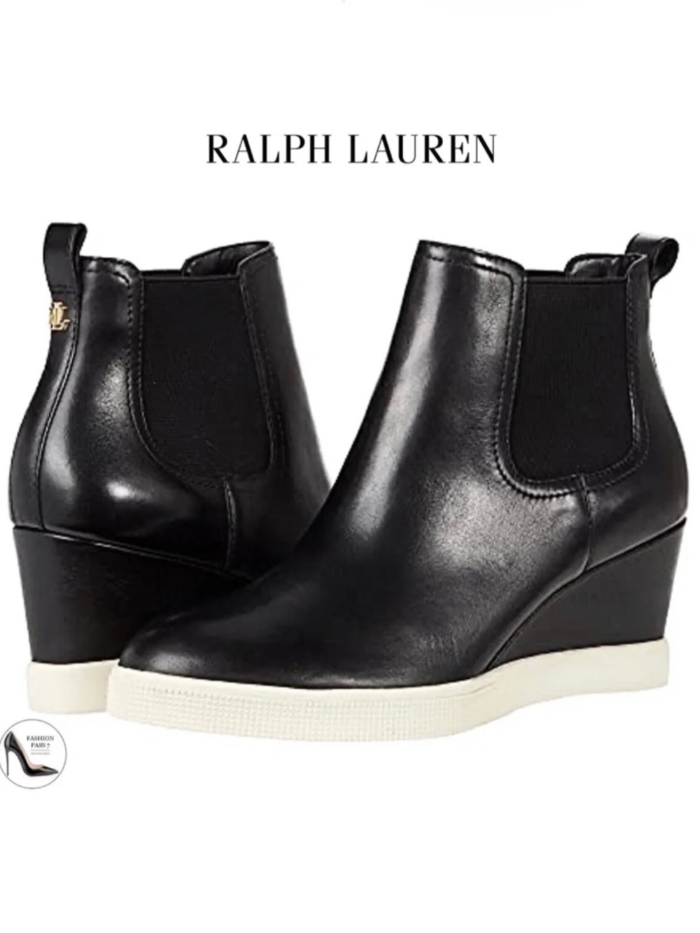 Ralph Lauren Reade Womenâs Designer Black Leather Chelsea Wedge Sneakers Booties